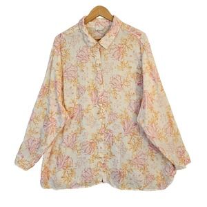 J Jill Love Linen Button Up Tunic Top Womens 3X Soft Pink Coral Sea Turtles